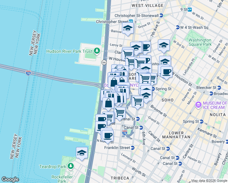 map of restaurants, bars, coffee shops, grocery stores, and more near 471 Washington Street in New York