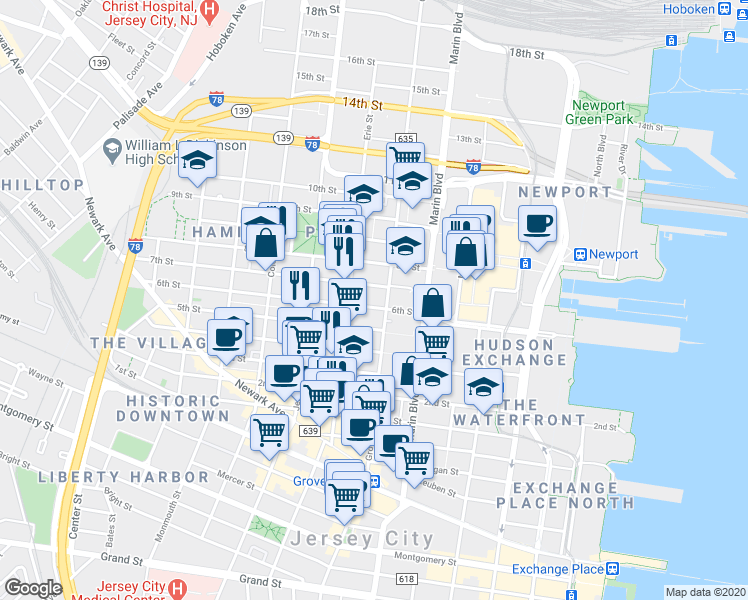 map of restaurants, bars, coffee shops, grocery stores, and more near 441 Manila Avenue in Jersey City