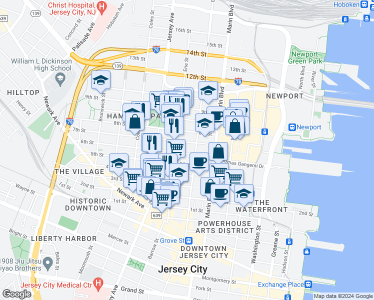 map of restaurants, bars, coffee shops, grocery stores, and more near 441 Manila Avenue in Jersey City