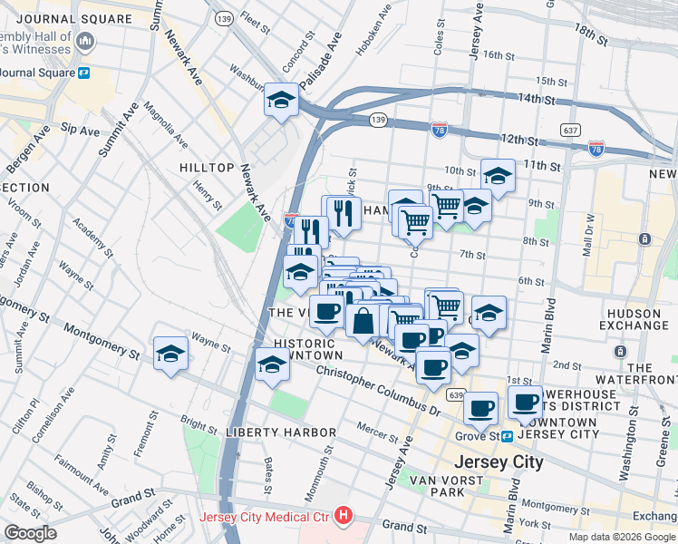 map of restaurants, bars, coffee shops, grocery stores, and more near in Jersey City