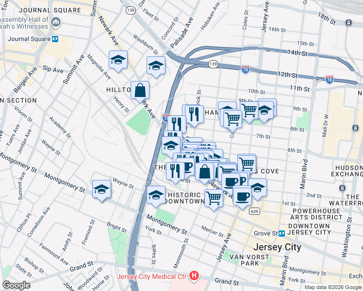map of restaurants, bars, coffee shops, grocery stores, and more near 204 Merseles Street in Jersey City