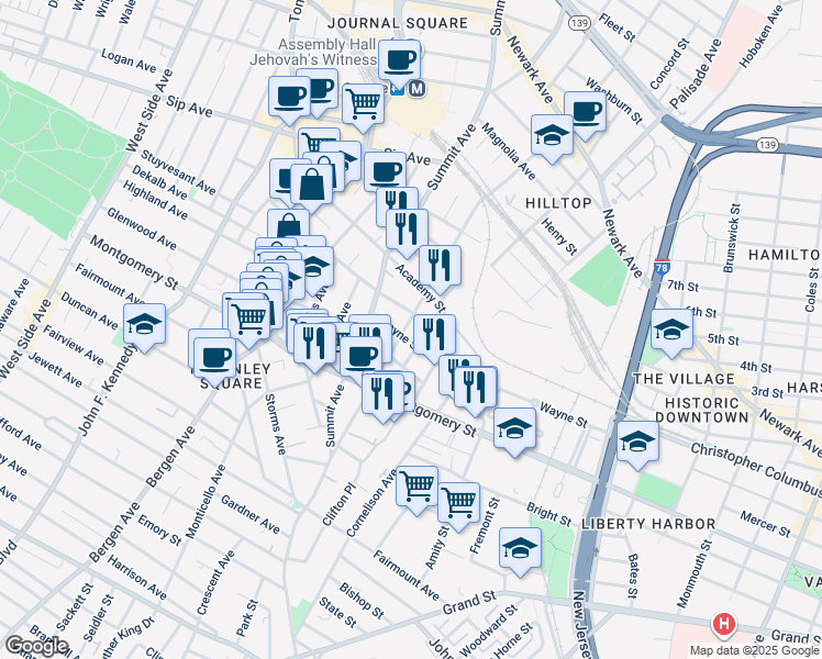 map of restaurants, bars, coffee shops, grocery stores, and more near 9 Gray Street in Jersey City