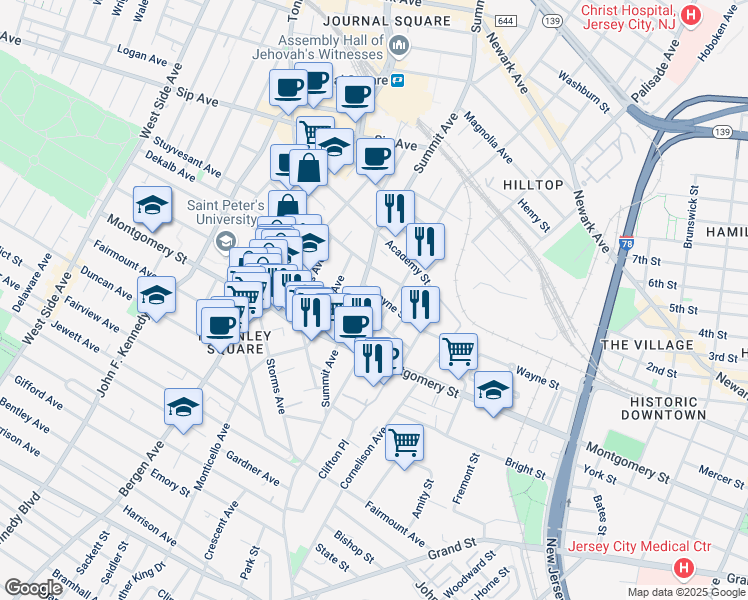 map of restaurants, bars, coffee shops, grocery stores, and more near in Jersey City
