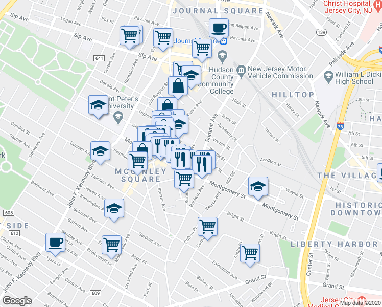 map of restaurants, bars, coffee shops, grocery stores, and more near 678 Montgomery Street in Jersey City