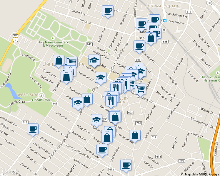 map of restaurants, bars, coffee shops, grocery stores, and more near 333 Fairmount Avenue in Jersey City