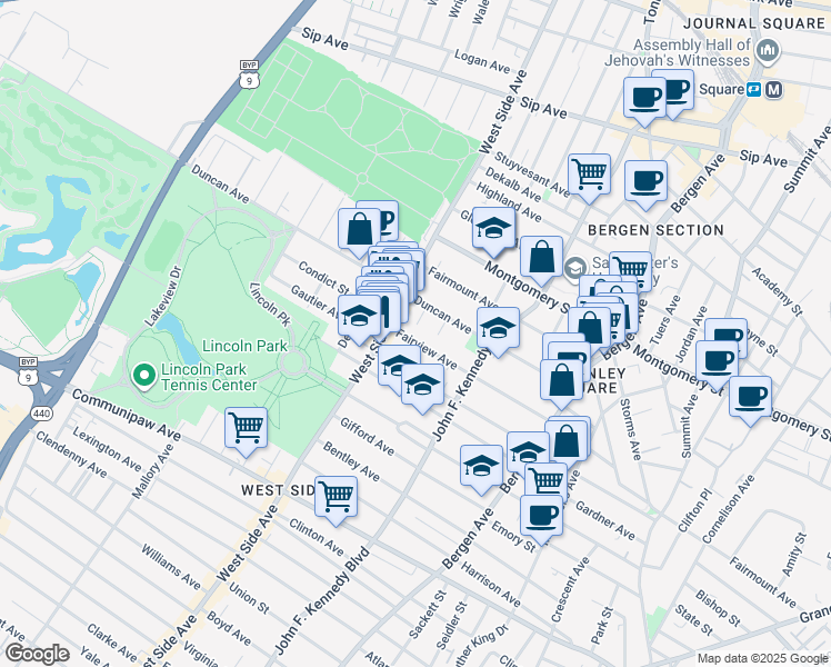 map of restaurants, bars, coffee shops, grocery stores, and more near 185 Fairview Avenue in Jersey City