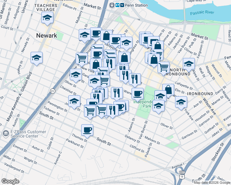 map of restaurants, bars, coffee shops, grocery stores, and more near 225 Jefferson Street in Newark