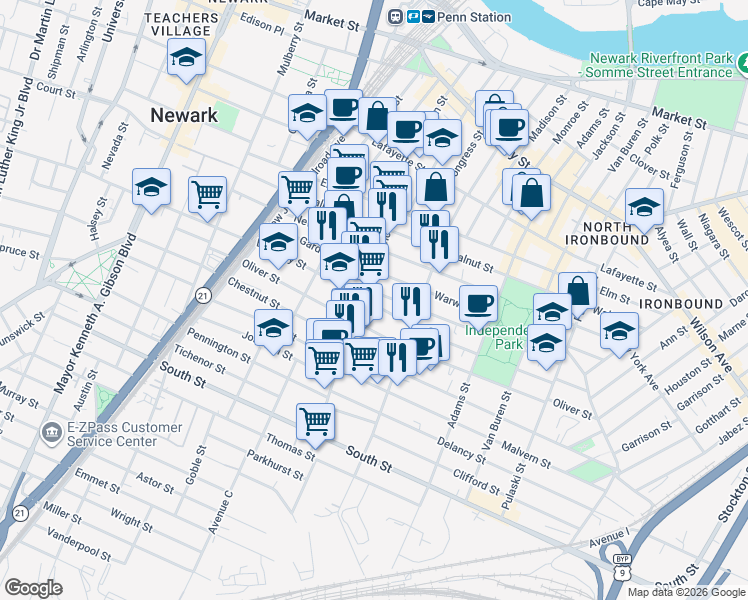 map of restaurants, bars, coffee shops, grocery stores, and more near 223-227 East Kinney Street in Newark