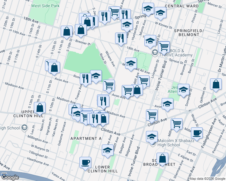 map of restaurants, bars, coffee shops, grocery stores, and more near 26 Dandridge Drive in Newark