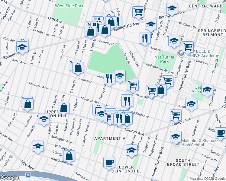 map of restaurants, bars, coffee shops, grocery stores, and more near 15 Farley Avenue in Newark