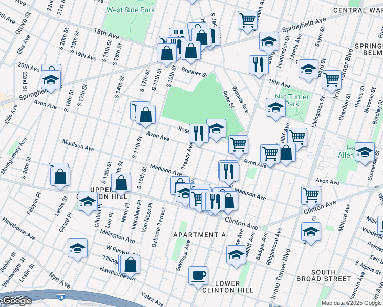 map of restaurants, bars, coffee shops, grocery stores, and more near 15 Farley Avenue in Newark