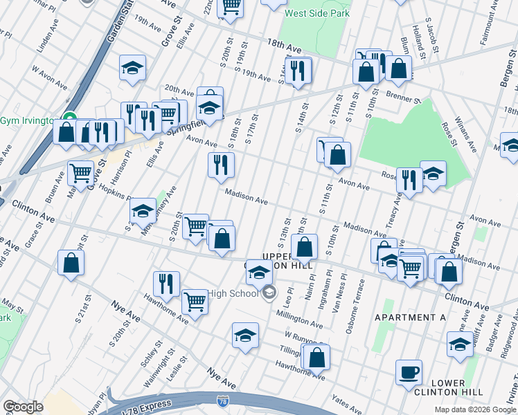 map of restaurants, bars, coffee shops, grocery stores, and more near 846 South 15th Street in Newark