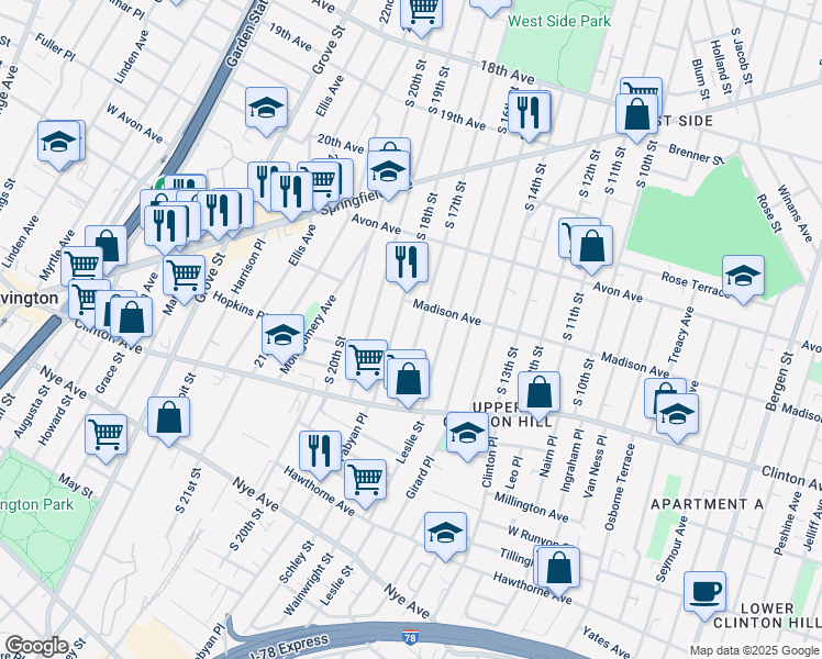 map of restaurants, bars, coffee shops, grocery stores, and more near 896 South 18th Street in Newark