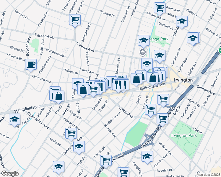 map of restaurants, bars, coffee shops, grocery stores, and more near 1230 Springfield Avenue in Irvington