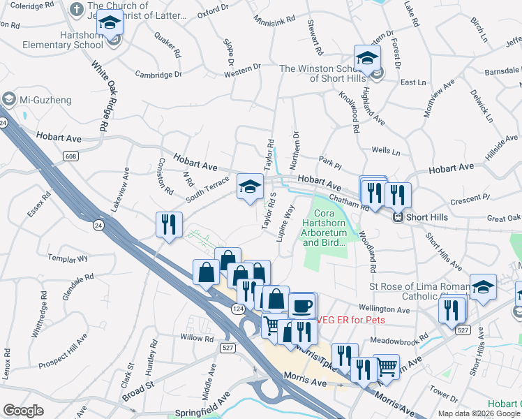 map of restaurants, bars, coffee shops, grocery stores, and more near 303 Taylor Road South in Essex County