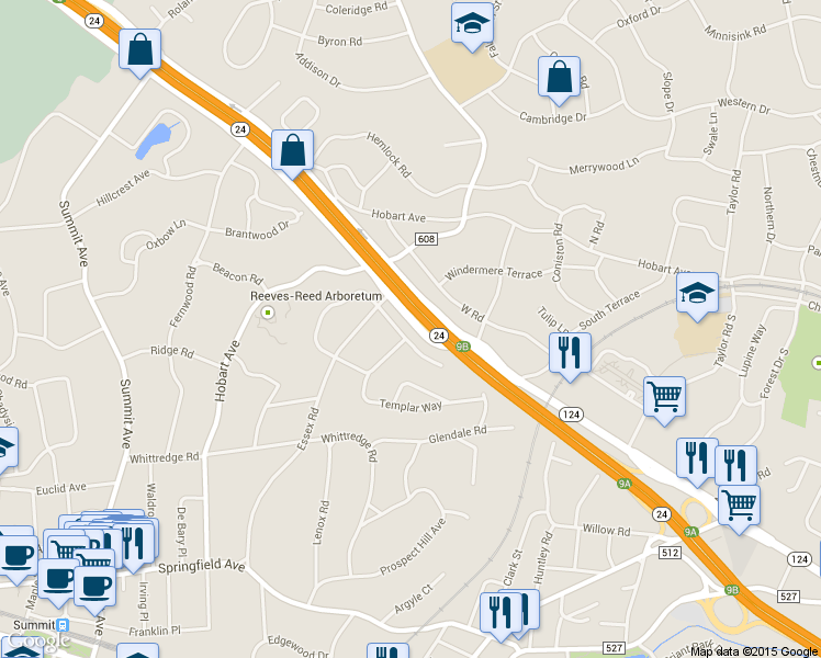 map of restaurants, bars, coffee shops, grocery stores, and more near 16 Sheffield Road in Summit