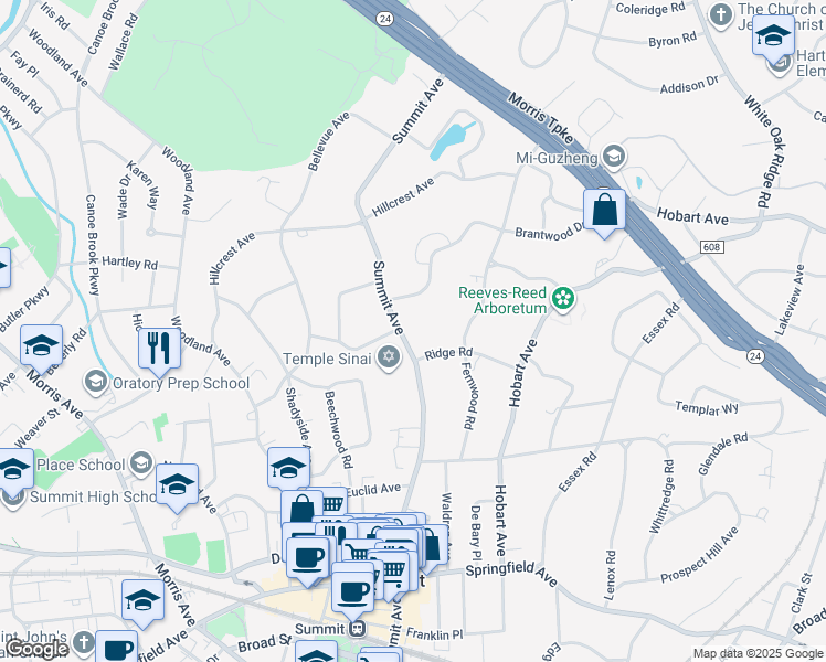 map of restaurants, bars, coffee shops, grocery stores, and more near 37 Ridge Road in Summit