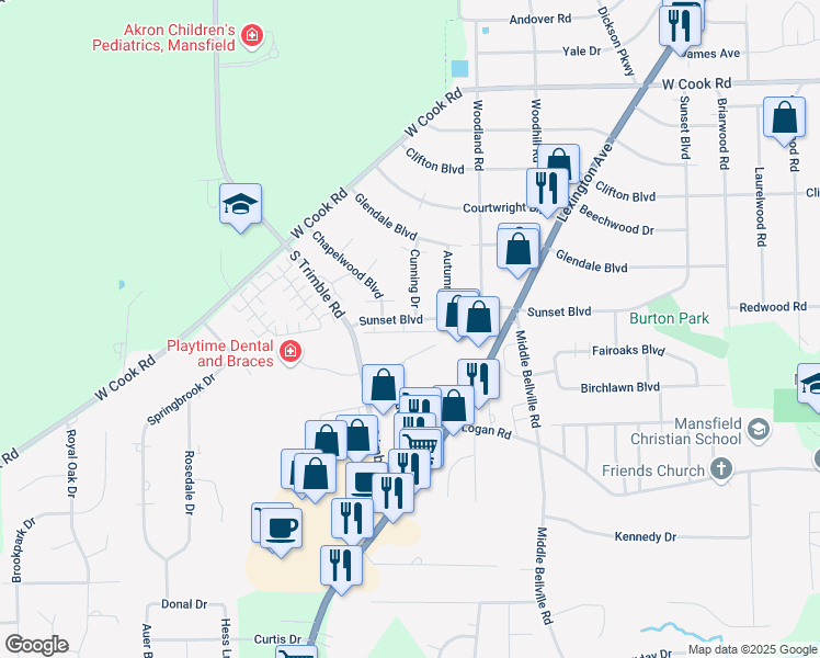 map of restaurants, bars, coffee shops, grocery stores, and more near 1281 South Trimble Road in Mansfield