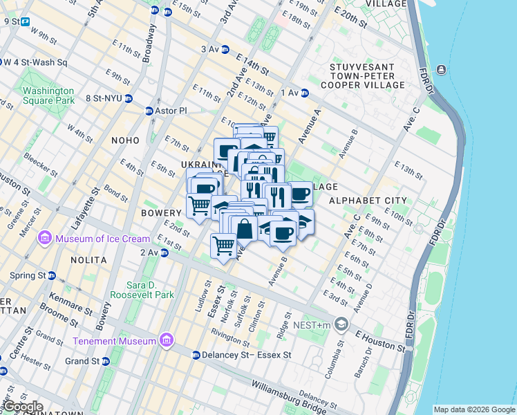 map of restaurants, bars, coffee shops, grocery stores, and more near 79 Avenue A in New York