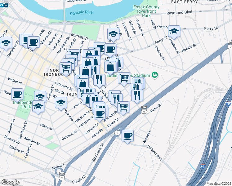 map of restaurants, bars, coffee shops, grocery stores, and more near 57-85 Komorn Street in Newark