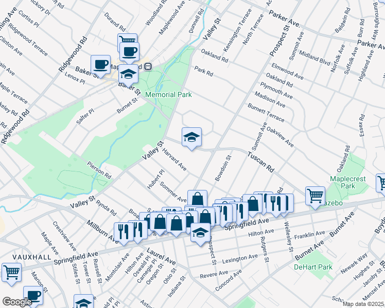 map of restaurants, bars, coffee shops, grocery stores, and more near 25 Harvard Avenue in Maplewood