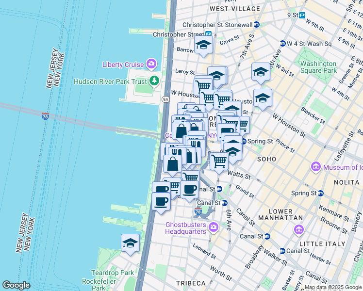map of restaurants, bars, coffee shops, grocery stores, and more near 471 Washington Street in New York