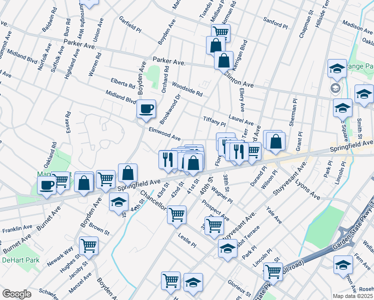 map of restaurants, bars, coffee shops, grocery stores, and more near 23 Franklin Terrace in Irvington