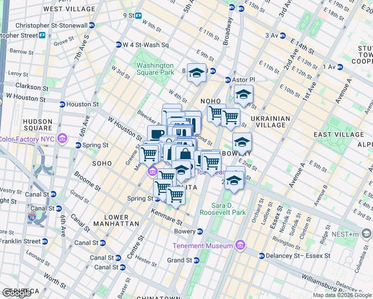 map of restaurants, bars, coffee shops, grocery stores, and more near 305 Mulberry Street in New York