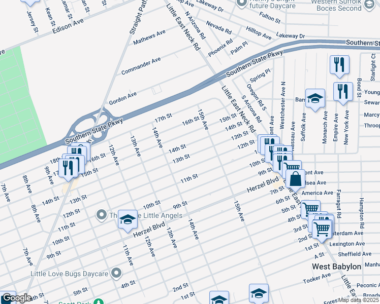 map of restaurants, bars, coffee shops, grocery stores, and more near 1442 12th Street in West Babylon