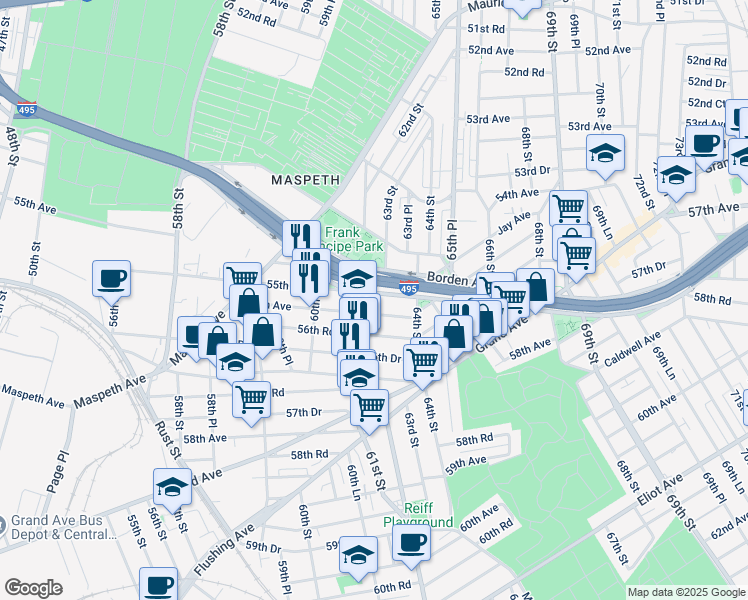 map of restaurants, bars, coffee shops, grocery stores, and more near 61-14 55th Drive in Queens