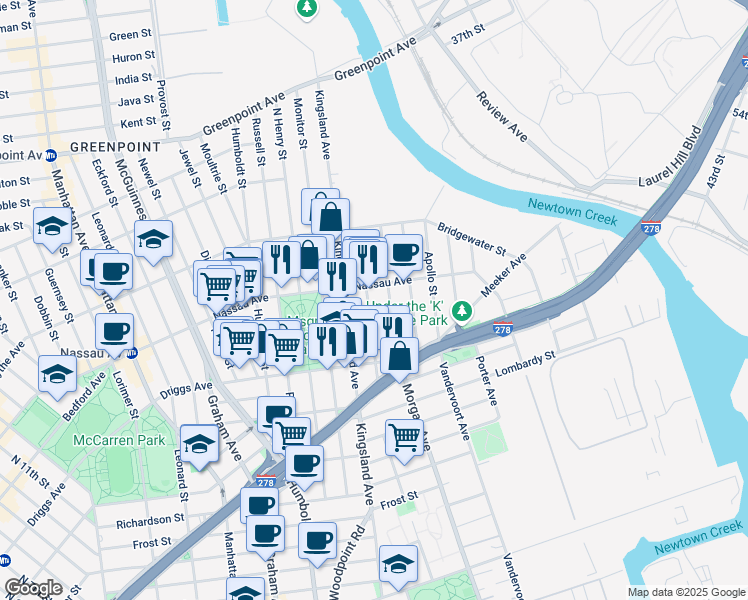 map of restaurants, bars, coffee shops, grocery stores, and more near 61 Sutton Street in Brooklyn