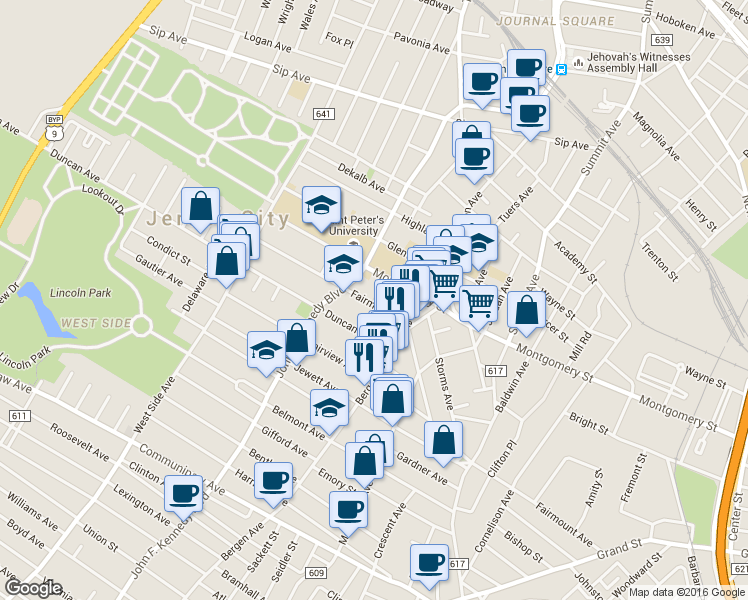 map of restaurants, bars, coffee shops, grocery stores, and more near 333 Fairmount Avenue in Jersey City