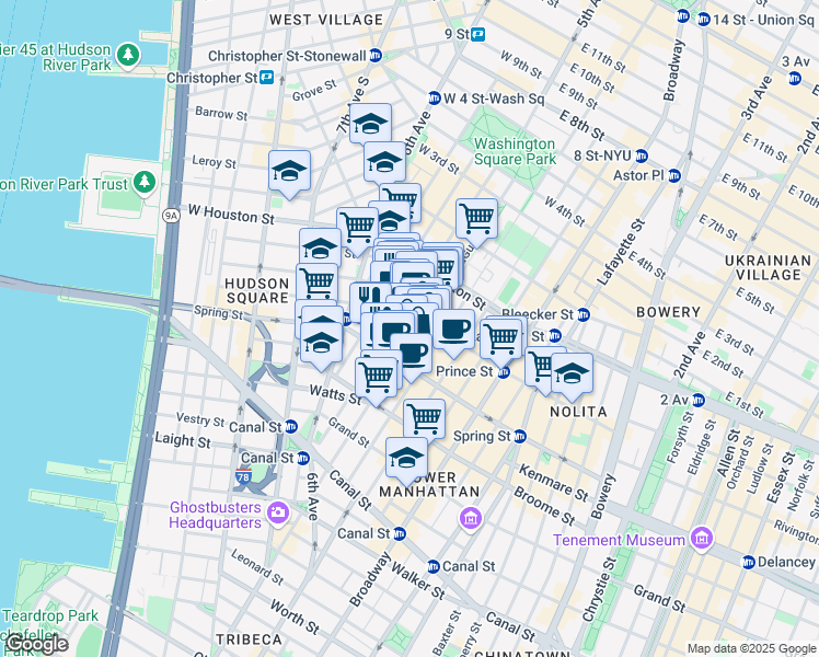 map of restaurants, bars, coffee shops, grocery stores, and more near 423 West Broadway in New York