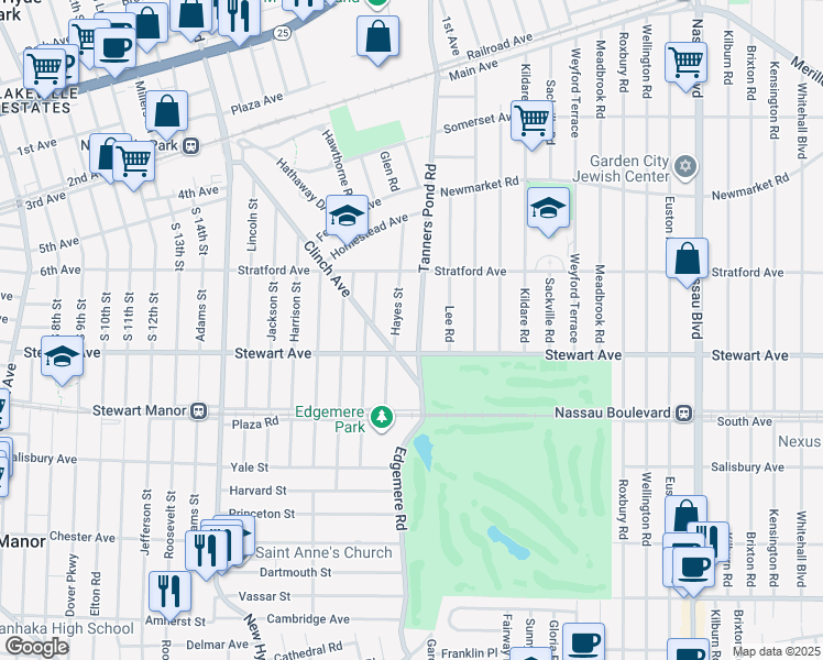map of restaurants, bars, coffee shops, grocery stores, and more near 108 Tanners Pond Road in Garden City
