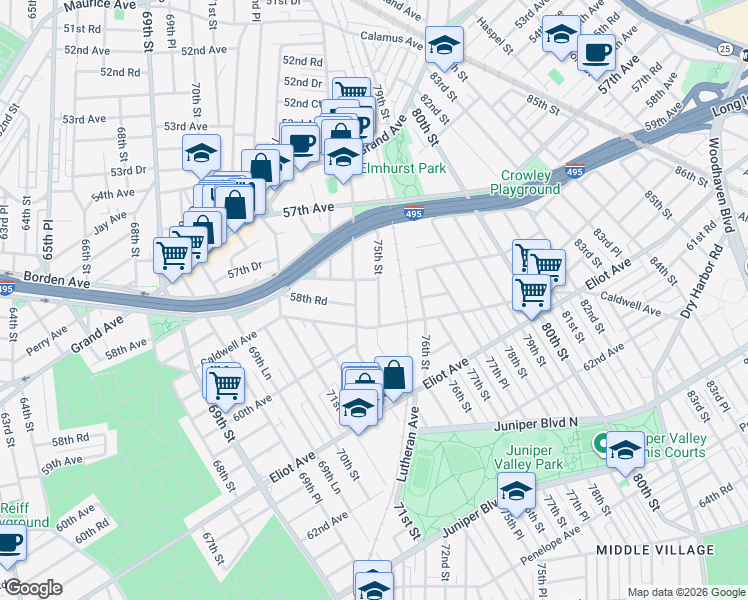 map of restaurants, bars, coffee shops, grocery stores, and more near 58-39 74th Street in Queens