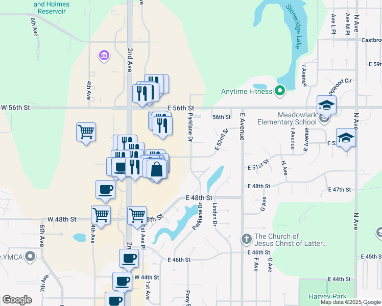 map of restaurants, bars, coffee shops, grocery stores, and more near 5511 Parklane Drive in Kearney