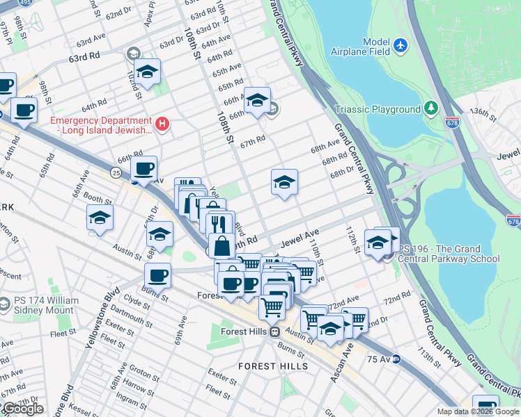 map of restaurants, bars, coffee shops, grocery stores, and more near 108-2 69th Avenue in Queens