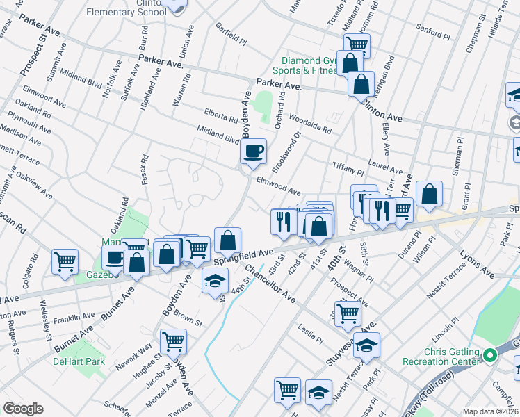map of restaurants, bars, coffee shops, grocery stores, and more near 40B Meadowbrook Place in Maplewood