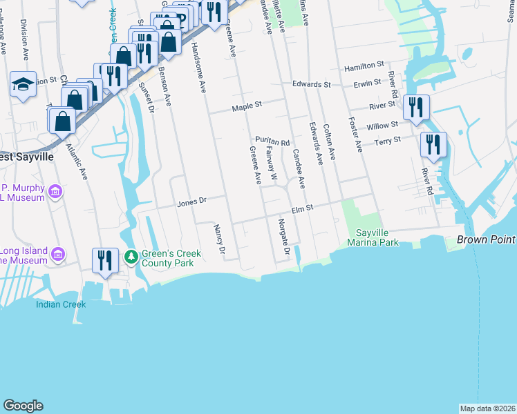 map of restaurants, bars, coffee shops, grocery stores, and more near 410 Greene Avenue in Sayville