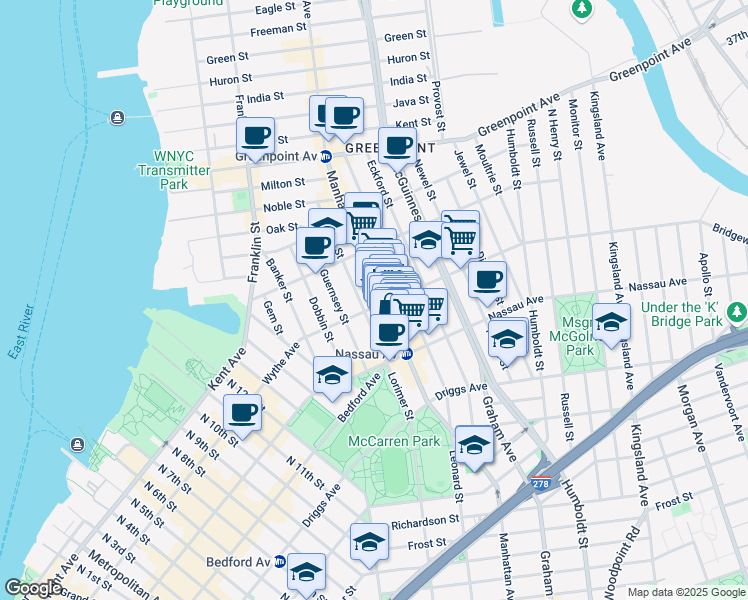 map of restaurants, bars, coffee shops, grocery stores, and more near 680 Manhattan Avenue in Brooklyn