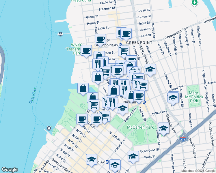 map of restaurants, bars, coffee shops, grocery stores, and more near 202 Banker Street in Brooklyn
