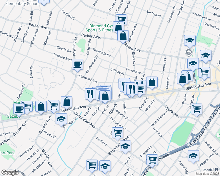 map of restaurants, bars, coffee shops, grocery stores, and more near 26 Headley Terrace in Irvington