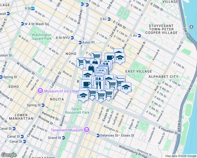 map of restaurants, bars, coffee shops, grocery stores, and more near 116 East 4th Street in New York