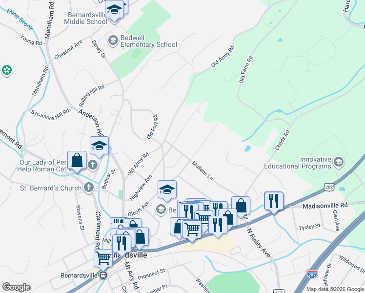 map of restaurants, bars, coffee shops, grocery stores, and more near 36 Childsworth Avenue in Bernardsville