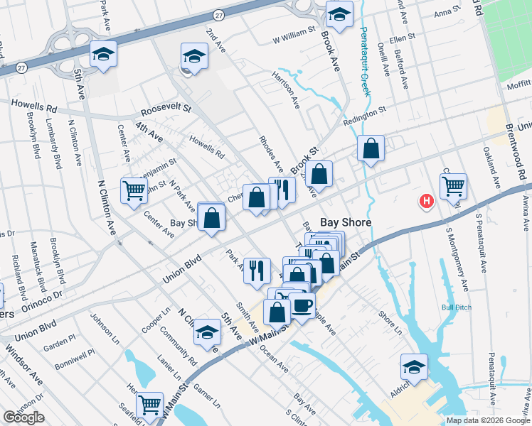 map of restaurants, bars, coffee shops, grocery stores, and more near 1735 Union Boulevard in Bay Shore