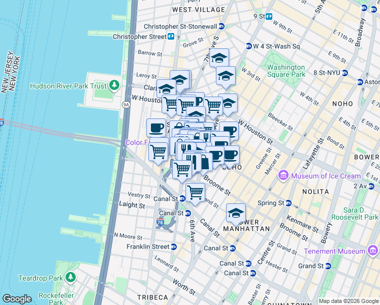 map of restaurants, bars, coffee shops, grocery stores, and more near 122 Varick Street in New York