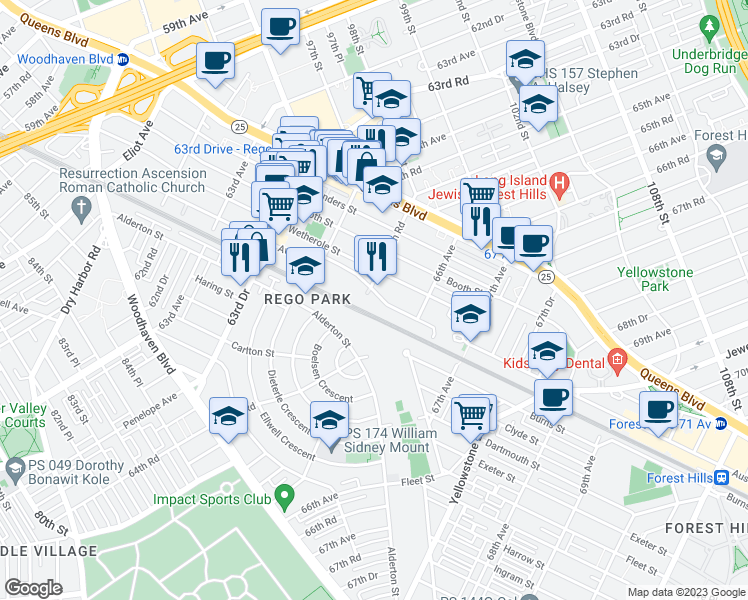 map of restaurants, bars, coffee shops, grocery stores, and more near 65-38 Austin Street in Queens