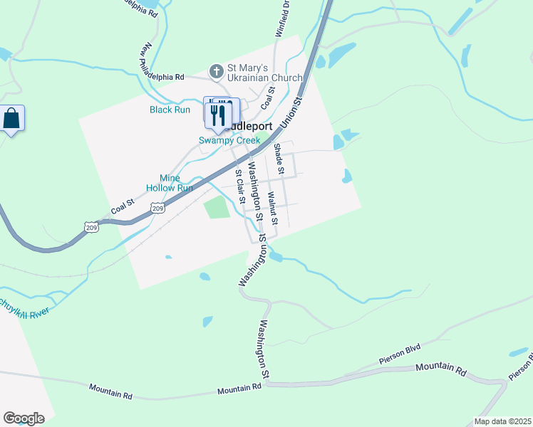 map of restaurants, bars, coffee shops, grocery stores, and more near 84 Washington Street in Schuylkill Haven