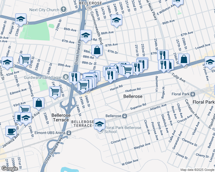 map of restaurants, bars, coffee shops, grocery stores, and more near 22 Huron Road in Floral Park