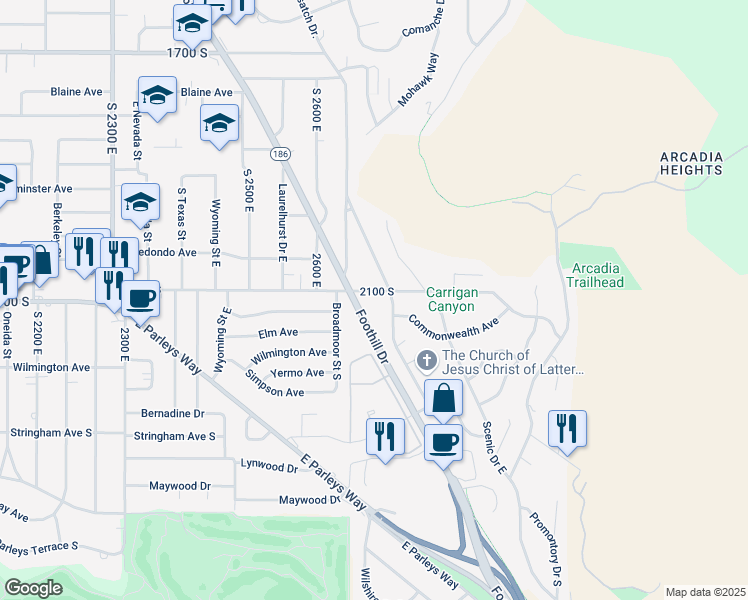 map of restaurants, bars, coffee shops, grocery stores, and more near 2680 East 2100 South in Salt Lake City